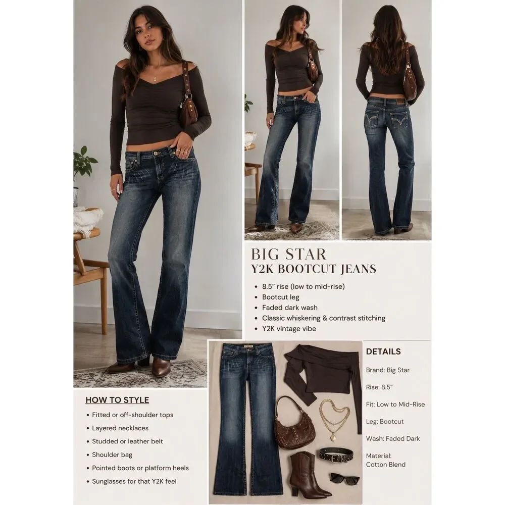 Y2K Big Star Maddie Bootcut Jeans 30R medium wash Whiskering 90's